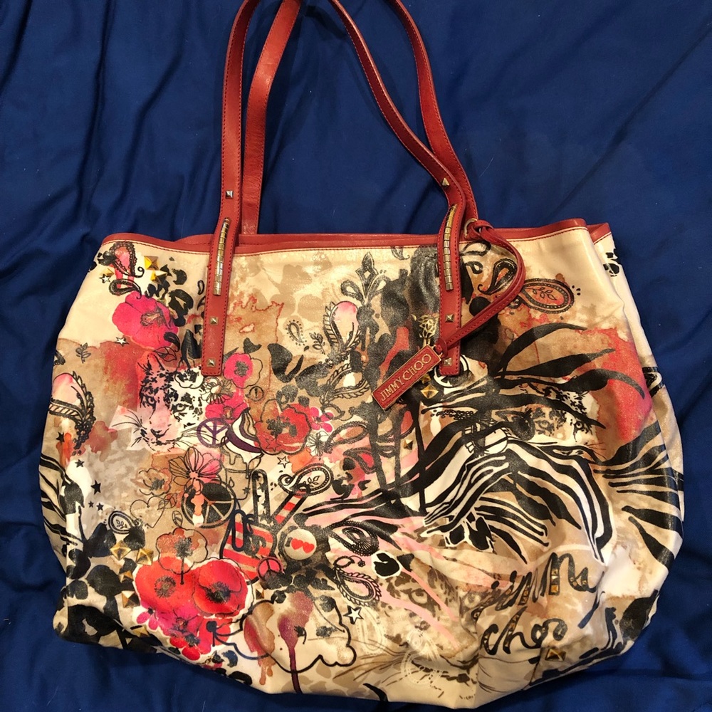 Jimmy Choo Multicolor Floral Canvas Hobo with Red Leather Straps